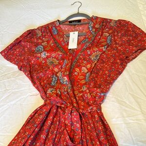 Aakaa women’s maxi wrap dress boho XL floral slightly embellished puff sleeves